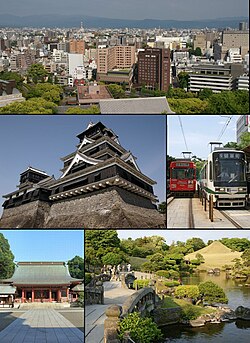 Frae tap left:Central Kumamoto view frae Kumamoto Castle, Kumamoto Castle, Kumamoto Ceety Tramway, Fujisaki hachimangu shrine, Suizenji jojuen