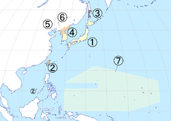 De jure map of Japan under Allied occupation (1 to 6[a]). # The Japanese archipelago, placed under the authority of the Supreme Commander for the Allied Powers (de facto United States), effective 1945–1952 (note: A portion of Japanese territory was put under United States administration after 1952 in accordance with Article 3 of San Francisco Peace Treaty: Iwo Jima (until 1968) and Okinawa (until 1972); such arrangement was treaty based, and not part of the Allied occupation). # Japanese Taiwan and its Spratly Islands, placed under the authority of China. # Karafuto Prefecture and the Kuril Islands, placed under the authority of the Soviet Union. # Japanese Korea south of the 38th parallel north, placed under the authority of the United States Army Military Government in Korea, granted independence in 1948 as the Republic of Korea (South Korea). # The Kwantung Leased Territory, occupied by the Soviet Union 1945–1955, returned to China in 1955. # Japanese Korea north of the 38th parallel north, placed under the authority of the Soviet Civil Administration, granted independence in 1948 as the Democratic People's Republic of Korea (North Korea) # The South Pacific Mandate, single Japanese colony in the name of the League of Nations, occupied by the United States 1945–1947, converted into the Trust Territory of the Pacific Islands of the United Nations under the US administration in 1947.