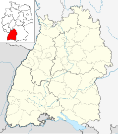 Mapa konturowa Badenii-Wirtembergii, blisko centrum na lewo u góry znajduje się punkt z opisem „<em lang="de">Karlsruher Institut für Technologie</em>”