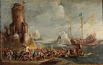 Armed men in hand to hand battle near a fortified tower on the coast and a galley ship loaded with troops just offshore