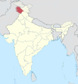 India claims some northern areas (hatched) while other areas are controlled by India but challenged by other countries. India claims all of Kashmir (red areas), while it controls only the southern part of it (cf. broad red stripes vs. narrow red stripes).