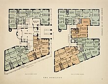 Historical floor plan of the upper stories, showing the arrangement of the apartments