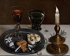 Clara Peeters, Still life with dainties, rosemary, wine, jewels and a burning candle
