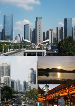 Montage of Hefei. Clockwise from top: Swan Lake Eastbank CBD, Dashushan, City God Temple of Luzhou-Fu and Downtown Hefei.