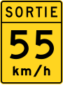 Exit recommended speed sign in Quebec; Anglophone signs read EXIT or RAMP