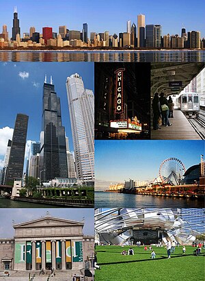 În sensul acelor de ceasornic: Downtown Chicago, Chicago Theatre, Chicago 'L', Navy Pier, Millennium Park, Field Museum și Willis Tower