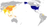 Map showing the United States in blue, and the nations where Asian Americans originate from in shades of orange