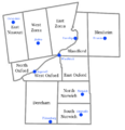 Townships from 1855 to 1975, with selected communities in blue.