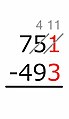 1 − 3 = no es posible. Añadimos un 10 al 1. Debido a que el 10 es «prestado» desde el 5 cercano, el 5 se baja en 1.