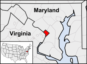 Amplasamentul orașului Washington, D.C. în Statele Unite, în raport cu statele Maryland și Virginia.