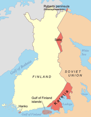 A drawing shows that the Finns ceded a small part of Rybachy Peninsula and part of Salla in the Finnish Lapland; and a part of Karelia and the islands of the Gulf of Finland in the south as well as a lease on the Hanko peninsula in South-Eastern Finland.