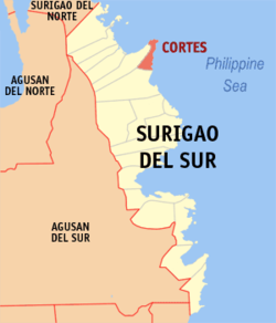 Map of Surigao del Sur with Cortes highlighted