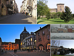 Top left:Corso Strada Nuova (Pavia New Avenue), main shopping area in Pavia, Top right:Veduta laterale sel Castello Visconteo (Pavia Visconti Castle), Bottom left:A view of the city's Cathedral from the Piazza della Vittoria (Vittoria Square), Bottom Upper right:Fiume Ticino, Bottom lower right:Ponte Coperto (Coperto Bridge) and Ticino River