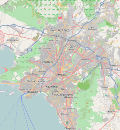 Mapa konturowa Aten, blisko centrum na prawo znajduje się punkt z opisem „Ambasada Rzeczypospolitej Polskiej w Republice Greckiej z siedzibą w Atenach”