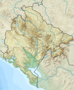 Mapa konturowa Czarnogóry, u góry nieco na lewo znajduje się punkt z opisem „Park Narodowy Durmitor”