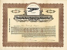 Aktie der 1923 gegründeten Sikorsky Aero Engineering Corporation, ausgegeben am 1. März 1925, im Original unterschrieben von Igor Sikorsky als Präsident