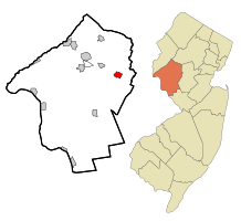 Map of Whitehouse Station highlighted within Hunterdon County. Right: Location of Hunterdon County in New Jersey.