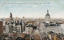 A post card showing a cityscape, from slightly after the turn of the 20th century