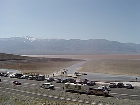 Tourist area flooded by ephemeral Lake Badwater, Death Valley National Park, California. Spring of 2005.