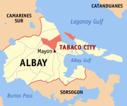 Mapa ng Albay na nagpapakita sa lokasyon ng Lungsod ng Tabako.