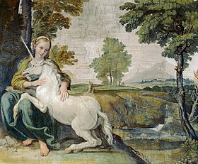 En ung kvinne og en enhjørning, Palazzo Farnese av Domenichino (1581–1641)