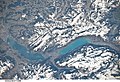 The region with Thun at lake Thunersee, Interlaken, lake Brienzersee and Alps, view from ISS