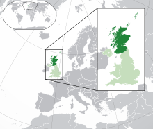 محل وقوع اسکاٹ لینڈ (dark green) – the European continent (green & darkgreen and dark grey) – the United Kingdom (green)