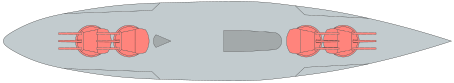 A diagram showing the location of the main guns on a Tegetthoff-class battleship. There are 12 guns in total divided into four turrets, with two apiece located near the bow and stern of the ship.