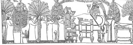 Dibujo de un bajorrelieve escenificando una fiesta dedicada a Assurbanipal