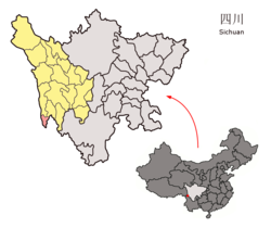 Location of the county (red) in Garzê Prefecture (yellow) and Sichuan province