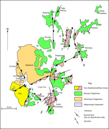 A map of the geology of Orkney. Hoy to the south-west is predominantly formed from Hoy/Eday Sandstones. The Mainland at the centre is largely Stromness flagstones with Rousay flagstones to the east. The smaller North and South Isles are a mixture of Eday and Rousay sandstones.