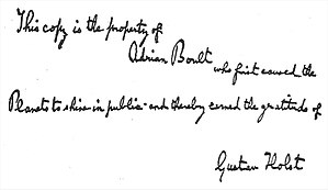 Inscription manuscrite : « Cette copie est la propriété d'Adrian Boult qui le premier fit briller les Planètes en public et qui ainsi gagna la gratitude de Gustav Holst[t 61]. »