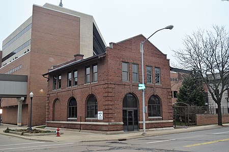 The freight depot, northwest of the station in 2020.