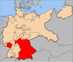 Territory claimed by the Bavarian Soviet Republic (in red) shown with the rest of the Weimar Republic (in beige).