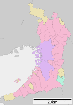 Mapa konturowa prefektury Osaka, blisko centrum na prawo znajduje się punkt z opisem „Visual Arts”