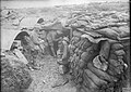 Entrance to a sandbagged dugout occupied by men of the 105th Howitzer battery near Hill 60