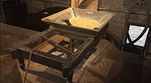 Mechanism showing cornmeal in hopper