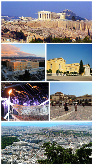 Frae upper left: the Acropolis, the Hellenic Parliament, the Zappeion, the Acropolis Museum, Monastiraki Square, Athens view towards the sea.