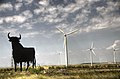 Image 56Wind turbines are typically installed in windy locations. In the image, wind power generators in Spain, near an Osborne bull. (from Wind power)