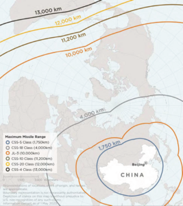 2023年時点の中国の核弾頭搭載弾道ミサイルの射程