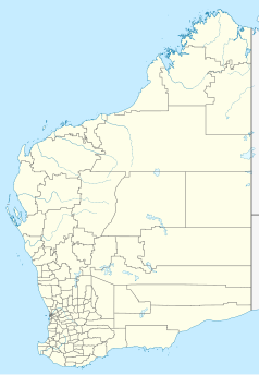 Mapa konturowa Australii Zachodniej, na dole po lewej znajduje się punkt z opisem „Uniwersytet Edith Cowan”