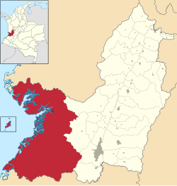 Location of the municipality and town of Buenaventura, Colombia in the Valle del Cauca Department of Colombia.