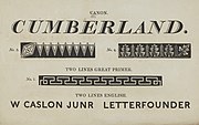 Specimen by William Caslon IV showing his Two Lines English Egyptian sans-serif, the first general-purpose "sans-serif" printing type ever.[65] Cut in only one size, it was apparently not promoted with any prominence.