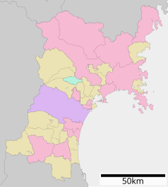 Mapa konturowa Miyagi, u góry po prawej znajduje się punkt z opisem „Tome”