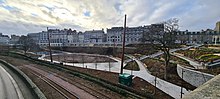 A view into the gardens from Rosemount Viaduct taken one day before it reopened. It shows some fencing still in place but the general paths, planting complete