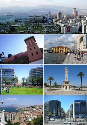 Frae tap tae bottom, left tae richt: Konak in İzmir, Historical Elevator in Karataş, Pasaport Wharf in İzmir, Gündoğdu Squerr, İzmir Clock Touer in Konak Squerr, A view o the ceety frae Historical Elevator, Karşıyaka.