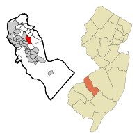 Map of Ashland CDP in Camden County. Inset: Location of Camden County in New Jersey.