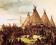 19th century painting depicting a meeting of North American indigenous people.
