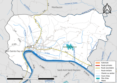 Carte en couleur présentant le réseau hydrographique de la commune