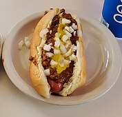 A Coney Island hot dog in Detroit, with chili, onions, and mustard